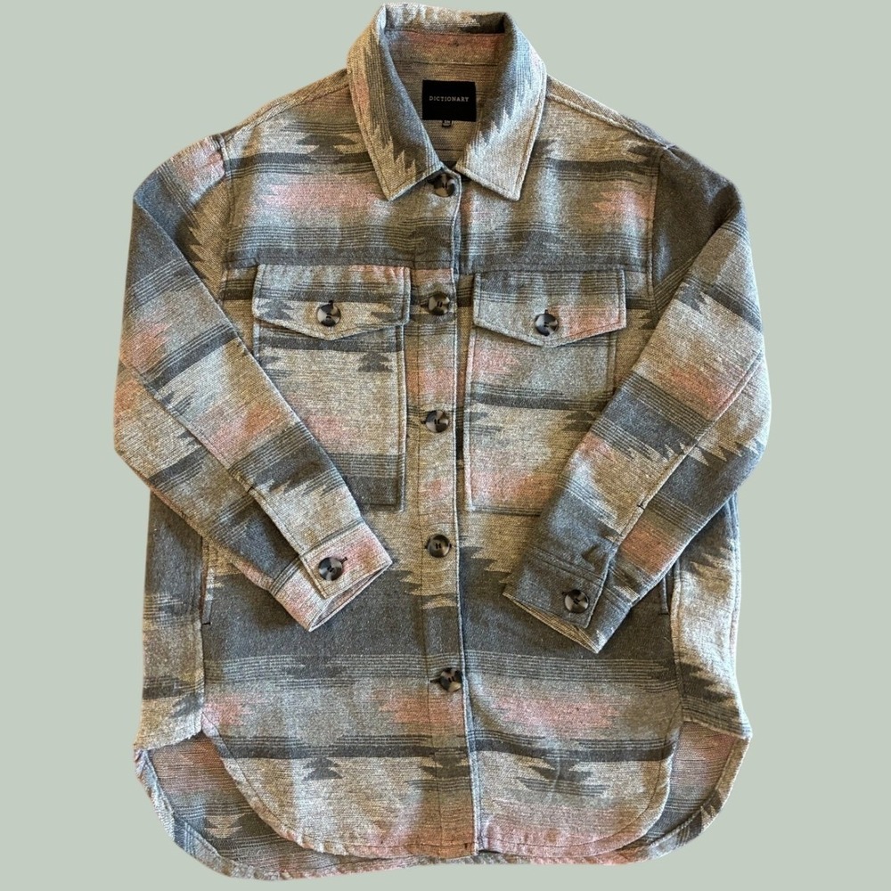 Dictionary Aztec Southwestern Shacket Grey Pink Oversized‎ Shirt Jacket S/M